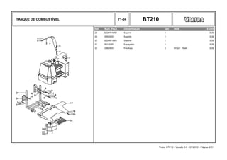 TANQUE DE COMBUSTÍVEL 71-04 BT210
Ref. Num. Peça Denominação Qtd Nota $ Unit
28 6228751M91 Suporte 1 0,00
29 055000S1 Suporte 1 0,00
30 6228421M91 Suporte 1 0,00
31 061152P1 Espaçador 1 0,00
32 339208X1 Parafuso 3 M12x1 75x45 0,00
Trator BT210 - Versão 3.0 - 07/2010 - Página 6/31
 