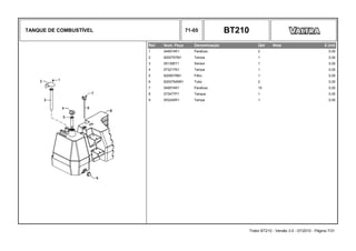 TANQUE DE COMBUSTÍVEL 71-05 BT210
Ref. Num. Peça Denominação Qtd Nota $ Unit
1 049574R1 Parafuso 2 0,00
2 6200757M1 Tampa 1 0,00
3 051395T1 Sensor 1 0,00
4 073217N1 Tampa 1 0,00
5 6209575M1 Filtro 1 0,00
6 6200754M91 Tubo 2 0,00
7 049574R1 Parafuso 10 0,00
8 073477P1 Tanque 1 0,00
9 053240R1 Tampa 1 0,00
Trator BT210 - Versão 3.0 - 07/2010 - Página 7/31
 