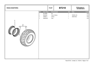 RODA DIANTEIRA 72-07 BT210
Ref. Num. Peça Denominação Qtd Nota $ Unit
1 85718800 Aro 1 0,00
2 86364000 Pneu e Válvula 1 DW20A x 28 0,00
3 046862T1 Válvula 1 600/65 R28 0,00
4 6265674M1 Pneu 1 0,00
Trator BT210 - Versão 3.0 - 07/2010 - Página 11/31
 