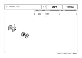 RODA TRASEIRA DUPLA 72-44 BT210
Ref. Num. Peça Denominação Qtd Nota $ Unit
1 85820200 Cj. Rodagem 1 0,00
2 85820100 Cj. Rodagem 1 0,00
3 85819900 Cj. Rodagem 1 0,00
4 85820000 Cj. Rodagem 1 0,00
Trator BT210 - Versão 3.0 - 07/2010 - Página 22/31
 