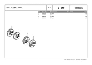 RODA TRASEIRA DUPLA 72-45 BT210
Ref. Num. Peça Denominação Qtd Nota $ Unit
1 85820800 Cj. Roda 1 0,00
2 85820700 Cj. Roda 1 0,00
3 85820500 Cj. Roda 1 0,00
4 85820600 Cj. Roda 1 0,00
Trator BT210 - Versão 3.0 - 07/2010 - Página 23/31
 