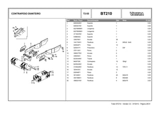 CONTRAPESO DIANTEIRO 72-55 BT210
Ref. Num. Peça Denominação Qtd Nota $ Unit
1 6263022M1 Suporte 1 0,00
1 6263021M1 Suporte 1 0,00
2 6227685M91 Longarina 1 0,00
2 6227683M91 Longarina 1 0,00
3 3715537M1 Suporte 1 0,00
4 038804S2 Suporte 1 0,00
5 339378X1 Arruela 36 0,00
6 1441704X1 Parafuso 4 M20x2 5x40 0,00
7 020042P1 Peso 12 0,00
8 020041P1 Prisioneiro 1 5/8" 0,00
9 375112X1 Porca 2 0,00
10 3585377M1 Arruela 2 0,00
11 339035X1 Porca 4 0,00
12 6235344M1 Tirante 1 0,00
13 84007300 Contrapeso 15 35kgf 0,00
14 6235343M1 Arruela 1 0,00
15 3145222M1 Parafuso 12 7/8"x11 0,00
16 353433X1 Arruela 12 0,00
17 020046P1 Placa 2 0,00
18 391329X1 Parafuso 20 M20x70 0,00
19 3001968X1 Parafuso 8 M20x60 0,00
20 3580231M1 Parafuso 4 M20x75 0,00
Trator BT210 - Versão 3.0 - 07/2010 - Página 26/31
 
