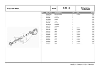 EIXO DIANTEIRO 64-04 BT210
Ref. Num. Peça Denominação Qtd Nota $ Unit
1 6269961M91 Kit Coroa Pinhão 1 Z=13/35 0,00
2 040992R1 Arruela 2 0,00
3 053973R1 Espaçador 1 0,00
4 3475569M1 Arruela 1 0,00
5 3475570M1 Porca 1 0,00
6 053974R1 Retentor 1 0,00
7 3475567M1 Rolamento 1 0,00
8 053975R1 Rolamento 1 0,00
9 053976R1 Calço 0 2,50mm 0,00
9 053977R1 Calço 0 2,60mm 0,00
9 053978R1 Calço 0 2,70mm 0,00
9 053979R1 Calço 0 2,80mm 0,00
9 053980R1 Calço 0 2,90mm 0,00
9 053981R1 Calço 0 3,00mm 0,00
9 053982R1 Calço 0 3,10mm 0,00
9 053983R1 Calço 0 3,20mm 0,00
9 053984R1 Calço 0 3,30mm 0,00
9 053985R1 Calço 0 3,40mm 0,00
Trator BT210 - Versão 3.0 - 07/2010 - Página 9/12
 