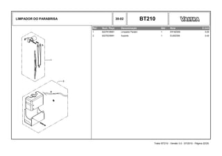 LIMPADOR DO PARABRISA 39-02 BT210
Ref. Num. Peça Denominação Qtd Nota $ Unit
1 6227610M91 Limpador Parabri 1 ER18Z006 0,00
2 6227633M91 Suporte 1 EL65Z008 0,00
Trator BT210 - Versão 3.0 - 07/2010 - Página 22/25
 