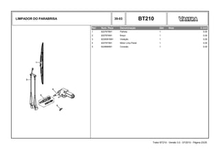 LIMPADOR DO PARABRISA 39-03 BT210
Ref. Num. Peça Denominação Qtd Nota $ Unit
1 6227675M1 Palheta 1 0,00
2 6227674M1 Braço 1 0,00
3 6230081M91 Vedação 1 0,00
4 6227673M1 Motor Limp.Parab 1 0,00
5 6229680M1 Conexão 1 0,00
Trator BT210 - Versão 3.0 - 07/2010 - Página 23/25
 