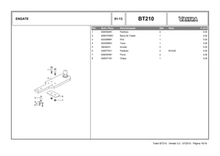ENGATE 91-13 BT210
Ref. Num. Peça Denominação Qtd Nota $ Unit
1 6280362M1 Parafuso 2 0,00
2 6280370M91 Barra De Tração 1 0,00
3 6242589M1 Pino 1 0,00
4 6242590M1 Trava 1 0,00
5 385362X1 Arruela 2 0,00
6 3009775X1 Parafuso 2 M10x20 0,00
7 6280363M1 Porca 2 0,00
8 6280371M1 Chapa 1 0,00
Trator BT210 - Versão 3.0 - 07/2010 - Página 16/19
 