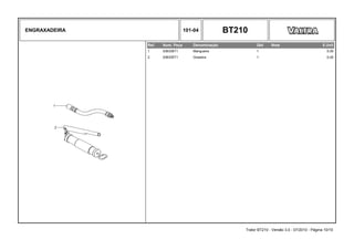 ENGRAXADEIRA 101-04 BT210
Ref. Num. Peça Denominação Qtd Nota $ Unit
1 036336T1 Mangueira 1 0,00
2 036335T1 Graxeira 1 0,00
Trator BT210 - Versão 3.0 - 07/2010 - Página 10/10
 