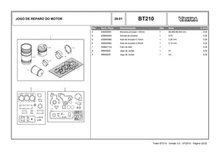 JOGO DE REPARO DO MOTOR 28-01 BT210
Ref. Num. Peça Denominação Qtd Nota $ Unit
5 836840981 Bronzina principal 1,50mm 7 88,485-88,520 mm 0,00
6 836840945 Arruela de encosto 1 STD 0,00
6 836840982 Anel de encosto 0,10mm 1 0,20 mm 0,00
6 836840983 Anel de encosto 0,20mm 1 0,10 mm 0,00
7 836647133 Filtro do óleo 1 0,00
8 89605800 Jogo de Juntas 1 S1 0,00
9 89606000 Jogo de Juntas 1 S2 0,00
Trator BT210 - Versão 3.0 - 07/2010 - Página 32/32
 