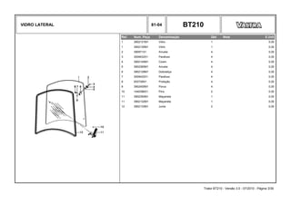 VIDRO LATERAL 81-04 BT210
Ref. Num. Peça Denominação Qtd Nota $ Unit
1 3902131M1 Vidro 1 0,00
1 3902130M1 Vidro 1 0,00
2 390971X1 Arruela 4 0,00
3 3009432X1 Parafuso 4 0,00
4 3902145M1 Coxim 4 0,00
5 3902365M1 Arruela 4 0,00
6 3902128M1 Dobradiça 4 0,00
7 3009432X1 Parafuso 4 0,00
8 053730N1 Proteção 4 0,00
9 3902455M1 Porca 4 0,00
10 1440396X1 Pino 2 0,00
11 3902350M1 Maçaneta 1 0,00
11 3902132M1 Maçaneta 1 0,00
12 3902133M1 Junta 2 0,00
Trator BT210 - Versão 3.0 - 07/2010 - Página 3/30
 