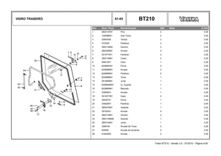 VIDRO TRASEIRO 81-05 BT210
Ref. Num. Peça Denominação Qtd Nota $ Unit
1 3902137M1 Pino 2 0,00
2 1440988X1 Anel Trava 2 0,00
3 32604400 Tampa 2 0,00
4 HC9322 Parafuso 2 0,00
5 3902136M2 Gancho 2 0,00
6 3902365M1 Arruela 4 0,00
7 3010775X1 Parafuso 2 0,00
8 3902145M1 Coxim 2 0,00
9 059019P1 Vidro 1 0,00
10 6228687M1 Porca 2 0,00
11 6228686M1 Arruela 2 0,00
12 6228689M1 Parafuso 2 0,00
13 6228688M1 Trava 1 0,00
14 3619906M1 Junta 1 0,00
15 6228656M91 Cj. Suporte 1 0,00
16 6228685M1 Manopla 1 0,00
17 339056X1 Arruela 1 0,00
18 3616277M1 Capa 2 0,00
19 394367X1 Porca 1 0,00
20 339228X1 Parafuso 1 0,00
21 3806376M1 Vedante 1 0,00
22 391025X1 Arruela 4 0,00
23 3902140M1 Cilindro 2 0,00
24 3902135M92 Suporte 1 0,00
25 3902144M1 Junta 1 0,00
26 3266700 Arruela De Trava 2 0,00
27 625540 Arruela de borracha 2 0,00
28 81649500 Arruela 2 0,00
Trator BT210 - Versão 3.0 - 07/2010 - Página 4/30
 