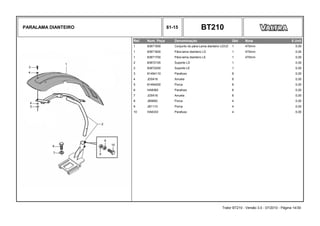 PARALAMA DIANTEIRO 81-15 BT210
Ref. Num. Peça Denominação Qtd Nota $ Unit
1 83871500 Conjunto do pára-Lama dianteiro LD/LE 1 470mm 0,00
1 83871600 Pára-lama dianteiro LD 1 470mm 0,00
1 83871700 Pára-lama dianteiro LE 1 470mm 0,00
2 83872100 Suporte LD 1 0,00
2 83872200 Suporte LE 1 0,00
3 81494110 Parafuso 8 0,00
4 JD0416 Arruela 8 0,00
5 81494200 Porca 8 0,00
6 HA8360 Parafuso 8 0,00
7 JD0416 Arruela 8 0,00
8 JB9950 Porca 4 0,00
9 JB1110 Porca 4 0,00
10 HA6333 Parafuso 4 0,00
Trator BT210 - Versão 3.0 - 07/2010 - Página 14/30
 