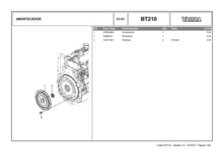 AMORTECEDOR 41-01 BT210
Ref. Num. Peça Denominação Qtd Nota $ Unit
1 3793648M1 Amortecedor 1 0,00
2 339583X1 Rolamento 1 0,00
3 1440718X1 Parafuso 8 M12x45 0,00
Trator BT210 - Versão 3.0 - 07/2010 - Página 1/56
 
