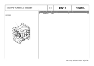 CONJUNTO TRANSMISSÃO MECÂNICA 42-03 BT210
Ref. Num. Peça Denominação Qtd Nota $ Unit
1 4303587M12 Caixa 1 0,00
Trator BT210 - Versão 3.0 - 07/2010 - Página 5/56
 