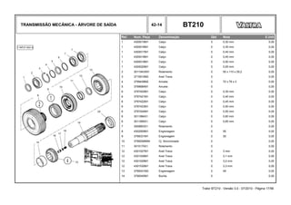 TRANSMISSÃO MECÂNICA - ÁRVORE DE SAÍDA 42-14 BT210
Ref. Num. Peça Denominação Qtd Nota $ Unit
1 4300015M1 Calço 0 0,30 mm 0,00
1 4300016M1 Calço 0 0,35 mm 0,00
1 4300017M1 Calço 0 0,40 mm 0,00
1 4300018M1 Calço 0 0,45 mm 0,00
1 4300019M1 Calço 0 0,50 mm 0,00
1 4300020M1 Calço 0 0,55 mm 0,00
2 3011943X91 Rolamento 0 50 x 110 x 29,2 0,00
3 3715910M2 Anel Trava 0 0,00
4 3799438M2 Arruela 0 72 x 79 x 3 0,00
5 3799684M1 Arruela 0 0,00
6 3797420M1 Calço 0 0,35 mm 0,00
6 3797421M1 Calço 0 0,40 mm 0,00
6 3797422M1 Calço 0 0,45 mm 0,00
6 3797423M1 Calço 0 0,50 mm 0,00
6 3797424M1 Calço 0 0,55 mm 0,00
6 3011894X1 Calço 0 0,60 mm 0,00
6 3011895X1 Calço 0 0,65 mm 0,00
7 3009853X1 Rolamento 0 0,00
8 4302509M1 Engrenagem 0 55 0,00
9 3799331M1 Engrenagem 0 30 0,00
10 3799206M94 Cj. Sincronizado 0 0,00
11 3015175X1 Rolamento 0 0,00
12 4301527M1 Anel Trava 0 3 mm 0,00
12 4301528M1 Anel Trava 0 3,1 mm 0,00
12 4301529M1 Anel Trava 0 3,2 mm 0,00
12 4301530M1 Anel Trava 0 3,3 mm 0,00
13 3799341M2 Engrenagem 0 49 0,00
14 3799340M1 Bucha 0 0,00
Trator BT210 - Versão 3.0 - 07/2010 - Página 17/56
 