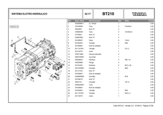 SISTEMA ELETRO-HIDRÁULICO 42-17 BT210
Ref. Num. Peça Denominação Qtd Nota $ Unit
1 4302556M11 Cj. Tampa 1 0,00
2 3791855M1 Tubo 3 79,40mm 0,00
3 363549X1 Anel "O" 3 0,00
4 3796583M1 Tubo 3 144,50mm 0,00
5 377494X1 Anel "O" 3 0,00
6 3796579M1 Anel "O" 4 0,00
7 3010890X1 Calço 4 14mm 0,00
8 3019428X1 Tampão 3 M22 0,00
9 3019398X1 Anel de vedação 3 0,00
10 3011107X91 Tampão 1 33 x 2 0,00
11 3011037X1 Junta 1 0,00
12 3794719M2 Valvula solenóide 4 0,00
13 3903732M91 Jg.Juntas 1 0,00
14 3009285X1 Parafuso 4 M8 x 16 0,00
15 4300296M1 Flange 4 0,00
16 3010749X1 Parafuso 6 M10 x 30 0,00
17 4301420M91 Conexão 1 M22 0,00
18 3011414X1 Anel "O" 1 0,00
19 3019398X1 Anel de vedação 1 0,00
20 4300805M93 Conexão 1 M18 0,00
21 3019397X1 Anel "O" 1 0,00
22 356377X1 Conexão 1 7/8-14 0,00
23 4300424M91 Tubo 1 0,00
24 3019398X1 Anel de vedação 1 0,00
25 3019428X1 Tampão 1 M22 0,00
26 3011107X91 Tampão 1 M33 x 2 0,00
27 3011037X1 Junta 1 0,00
Trator BT210 - Versão 3.0 - 07/2010 - Página 21/56
 