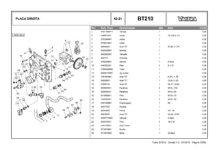 PLACA DIREITA 42-21 BT210
Ref. Num. Peça Denominação Qtd Nota $ Unit
1 4301185M11 Tampa 1 0,00
2 1440012X1 Junta 1 14 x 20 x 1,5 0,00
3 3793346M1 Junta 1 0,00
4 3796073M1 Colar 1 0,00
5 365583X1 Anel "O" 1 37,82 x 1,78 0,00
6 4302405M1 Bomba 1 0,00
7 3902662M1 Tampão 1 0,00
8 22277X Chaveta 1 0,00
9 3795284M1 Sensor 1 8 Bars 0,00
10 1442522X1 Pino 2 6 x 12 0,00
11 3799420M92 Tubo 1 0,00
12 3902614M91 Jg.Juntas 1 0,00
13 1001833M1 Anel "O" 1 6,07 x 1,78 0,00
14 359299X1 Anel "O" 1 23,4 x 3,53 0,00
15 378251X1 Anel "O" 1 36,17 x 2,62 0,00
16 3009303X1 Parafuso 6 M12 x 100 0,00
16 3009300X1 Parafuso 1 M12 x 90 0,00
16 3019859X1 Pino 1 M12 x 70 0,00
16 1440353X1 Parafuso 4 M12 x 50 0,00
17 4301059M1 Engrenagem 1 65 0,00
18 353775X1 Arruela 1 0,00
19 353436X1 Porca 1 3/4 -16 0,00
20 359300X1 Anel "O" 1 24,99 x 3,53 0,00
21 4305771M91 Válvula 1 5 Bars 0,00
22 3000705X1 Pino 2 16 x 18 0,00
23 1441785X1 Anel Trava 1 0,00
24 3715618M1 Bucha 1 0,00
25 3715619M3 Mola 1 24 Bars 0,00
Trator BT210 - Versão 3.0 - 07/2010 - Página 25/56
 