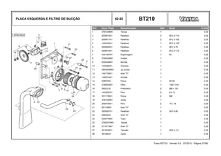 PLACA ESQUERDA E FILTRO DE SUCÇÃO 42-22 BT210
Ref. Num. Peça Denominação Qtd Nota $ Unit
1 3791328M4 Tampa 1 0,00
2 3009518X1 Parafuso 3 M12 x 110 0,00
3 3009517X1 Parafuso 2 M12 x 100 0,00
4 1444034X1 Parafuso 1 M12 x 125 0,00
5 3009300X1 Parafuso 1 M12 x 70 0,00
6 3009518X1 Parafuso 1 M12 x 110 0,00
7 4301057M1 Engrenagem 1 62 0,00
8 3796228M2 Coletor 1 0,00
9 4302406M1 Bomba 1 0,00
10 1440360X1 Chaveta 1 0,00
11 3903020M91 Jg.Juntas 1 0,00
12 1441708X1 Anel "O" 1 0,00
13 1440316X1 Arruela 1 0,00
14 339070X1 Porca 1 M149 0,00
15 3790002M1 Filtro 1 138,7 mm 0,00
16 392531X1 Prisioneiro 2 M8 x 105 0,00
17 1442522X1 Pino 2 6 x 12 0,00
18 3011736X1 Porca 2 M8 0,00
19 3791530M1 Junta 1 0,00
20 3000705X1 Pino 2 16 x 18 0,00
21 851150M1 Anel "O" 1 0,00
22 3009297X1 Parafuso 2 M10 x 90 0,00
23 359300X1 Anel "O" 1 0,00
24 4305776M1 Tubo 1 0,00
25 3790001M91 Tampa 1 0,00
26 3715773M1 Anel "O" 1 0,00
27 3019438X1 Tampão 1 M30 x 1,5 0,00
28 391265X1 Junta 1 0,00
Trator BT210 - Versão 3.0 - 07/2010 - Página 27/56
 