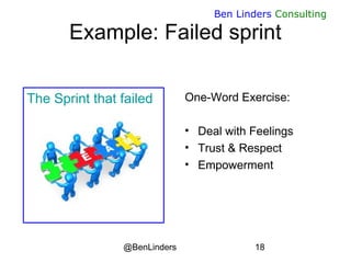 @BenLinders 18
Ben Linders Consulting
Example: Failed sprint
The Sprint that failed One-Word Exercise:
• Deal with Feelings
• Trust & Respect
• Empowerment
 
