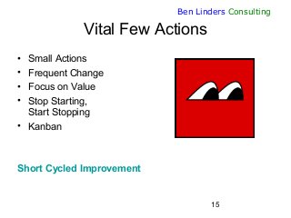 15
Ben Linders Consulting
Vital Few Actions
• Small Actions
• Frequent Change
• Focus on Value
• Stop Starting,
Start Stop...