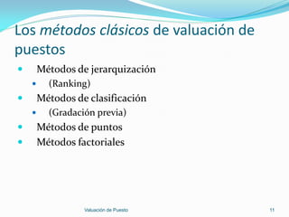 Los métodos clásicos de valuación de
puestos
       Métodos de jerarquización
         (Ranking)
       Métodos de clasificación
         (Gradación previa)
       Métodos de puntos
       Métodos factoriales




                  Valuación de Puesto   11
 