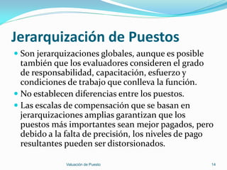 Jerarquización de Puestos
 Son jerarquizaciones globales, aunque es posible
  también que los evaluadores consideren el grado
  de responsabilidad, capacitación, esfuerzo y
  condiciones de trabajo que conlleva la función.
 No establecen diferencias entre los puestos.
 Las escalas de compensación que se basan en
  jerarquizaciones amplias garantizan que los
  puestos más importantes sean mejor pagados, pero
 debido a la falta de precisión, los niveles de pago
 resultantes pueden ser distorsionados.

             Valuación de Puesto                       14
 
