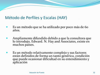 Método de Perfiles y Escalas (HAY)

   Es un método que se ha utilizado por poco más de 60
    años.

   Ampliamente difundido debido a que la consultora que
    lo introdujo, Edward. N. Hay and Associates, existe en
    muchos países.

   Es un método relativamente complejo y sus factores
    están definidos de forma un tanto genérica, condición
    que puede ocasionar dificultad en su entendimiento y
    aplicación

               Valuación de Puesto                           32
 