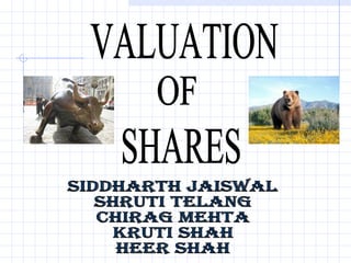 VALUATION OF SHARES Siddharth Jaiswal Shruti Telang Chirag Mehta Kruti Shah Heer Shah 