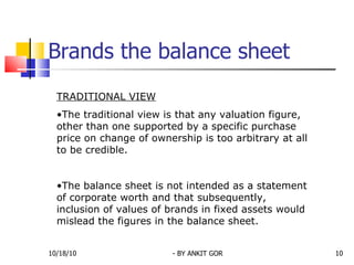 Brands the balance sheet TRADITIONAL VIEW The traditional view is that any valuation figure, other than one supported by a specific purchase price on change of ownership is too arbitrary at all to be credible.  The balance sheet is not intended as a statement of corporate worth and that subsequently, inclusion of values of brands in fixed assets would mislead the figures in the balance sheet.   10/18/10 - BY ANKIT GOR 