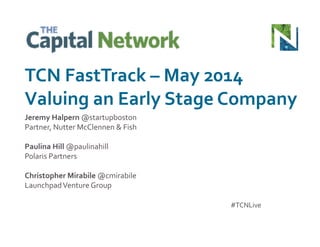 Jeremy	
  Halpern	
  @startupboston	
  
Partner,	
  Nutter	
  McClennen	
  &	
  Fish	
  
Paulina	
  Hill	
  @paulinahill	
  
Polaris	
  Partners	
  
Christopher	
  Mirabile	
  @cmirabile	
  
Launchpad	
  Venture	
  Group	
  
TCN	
  FastTrack	
  –	
  May	
  2014	
  
Valuing	
  an	
  Early	
  Stage	
  Company	
  
#TCNLive	
  
 
