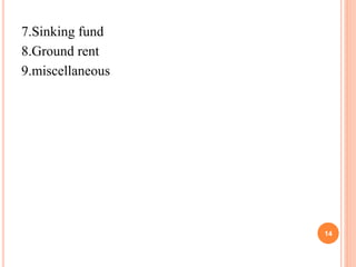 7.Sinking fund
8.Ground rent
9.miscellaneous
14
 
