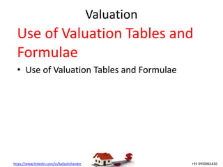 https://www.linkedin.com/in/kailashchander +91 9950461810
Valuation
Use of Valuation Tables and
Formulae
• Use of Valuation Tables and Formulae
 