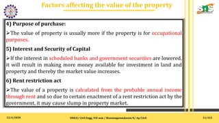 12/4/2020
Factors affecting the value of the property
.
SNSCE/ Civil Engg /VII sem / Shanmugasundaram N/ Ap/Civil
4) Purpose of purchase:
The value of property is usually more if the property is for occupational
purposes.
5) Interest and Security of Capital
If the interest in scheduled banks and government securities are lowered,
it will result in making more money available for investment in land and
property and thereby the market value increases.
6) Rent restriction act
The value of a property is calculated from the probable annual income
through rent and so due to certain enactment of a rent restriction act by the
government, it may cause slump in property market.
11/121
 