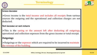 12/4/2020
Terminology
SNSCE/ Civil Engg /VII sem / Shanmugasundaram N/ Ap/Civil
Gross income
Gross income is the total income and includes all receipts from various
sources the outgoing and the operational and collection charges are not
deducted.
Net income or net return
This is the saving or the amount left after deducting all outgoings,
operational and collection expenses from the gross income or total receipt.
Outgoings
Outgoings or the expenses which are required to be incurred to maintain
the revenue of the building.
13/121
 