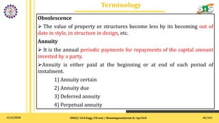 12/4/2020
Terminology
SNSCE/ Civil Engg /VII sem / Shanmugasundaram N/ Ap/Civil
Obsolescence
 The value of property or structures become less by its becoming out of
date in style, in structure in design, etc.
Annuity
 It is the annual periodic payments for repayments of the capital amount
invested by a party.
Annuity is either paid at the beginning or at end of each period of
instalment.
1) Annuity certain
2) Annuity due
3) Deferred annuity
4) Perpetual annuity
26/121
 