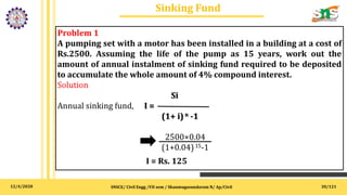 12/4/2020
Sinking Fund
SNSCE/ Civil Engg /VII sem / Shanmugasundaram N/ Ap/Civil 30/121
Problem 1
A pumping set with a motor has been installed in a building at a cost of
Rs.2500. Assuming the life of the pump as 15 years, work out the
amount of annual instalment of sinking fund required to be deposited
to accumulate the whole amount of 4% compound interest.
Solution
Si
Annual sinking fund, I =
(1+ i)n -1
2500×0.04
(1+0.04)15-1
I = Rs. 125
 