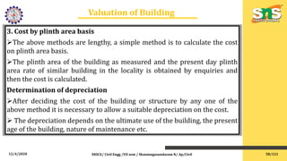 12/4/2020 SNSCE/ Civil Engg /VII sem / Shanmugasundaram N/ Ap/Civil
Valuation of Building
3. Cost by plinth area basis
The above methods are lengthy, a simple method is to calculate the cost
on plinth area basis.
The plinth area of the building as measured and the present day plinth
area rate of similar building in the locality is obtained by enquiries and
then the cost is calculated.
Determination of depreciation
After deciding the cost of the building or structure by any one of the
above method it is necessary to allow a suitable depreciation on the cost.
 The depreciation depends on the ultimate use of the building, the present
age of the building, nature of maintenance etc.
58/121
 