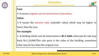 12/4/2020
Valuation
SNSCE/ Civil Engg /VII sem / Shanmugasundaram N/ Ap/Civil
Cost:
 It means original cost of construction of purchase.
Value:
 It means the present value (saleable value) which may be higher or
lower than the cost.
For example:
 A building whole cost of construction is Rs.1 lakh, when put for sale may
fetch Rs.1,10,000.This sale price is the value of the building. sometimes
value may be less than the original cost.
6/121
 