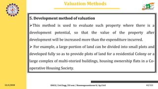 12/4/2020
Valuation Methods
5. Development method of valuation
This method is used to evaluate such property where there is a
development potential, so that the value of the property after
development will be increased more than the expenditure incurred.
 For example, a large portion of land can be divided into small plots and
developed fully so as to provide plots of land for a residential Colony or a
large complex of multi-storied buildings, housing ownership flats in a Co-
operative Housing Society.
SNSCE/ Civil Engg /VII sem / Shanmugasundaram N/ Ap/Civil 63/121
 