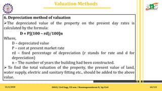 12/4/2020
Valuation Methods
.
SNSCE/ Civil Engg /VII sem / Shanmugasundaram N/ Ap/Civil
6. Depreciation method of valuation
The depreciated value of the property on the present day rates is
calculated by the formula:
D = P[(100 – rd)/100]n
Where,
D – depreciated value
P – cost at present market rate
rd – fixed percentage of depreciation (r stands for rate and d for
depreciation)
n – The number of years the building had been constructed.
 To find the total valuation of the property, the present value of land,
water supply, electric and sanitary fitting etc., should be added to the above
value.
64/121
 