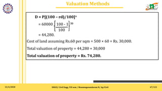 12/4/2020
Valuation Methods
SNSCE/ Civil Engg /VII sem / Shanmugasundaram N/ Ap/Civil 67/121
D = P[(100 – rd)/100]n
= 60000 100 - 1 30
100
= 44,280.
Cost of land assuming Rs.60 per sqm = 500 × 60 = Rs. 30,000.
Total valuation of property = 44,280 + 30,000
Total valuation of property = Rs. 74,280.
 