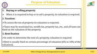 12/4/2020
Purpose of Valuation
.
SNSCE/ Civil Engg /VII sem / Shanmugasundaram N/ Ap/Civil
1. Buying or selling property
 When it is required to buy or to sell a property, its valuation is required.
2. Taxation:
To assess the tax of property its valuation is required.
Taxes may be municipal tax, wealth tax, property tax, etc., and all taxes are
fixed on the valuation of the property.
3. Rent fixation
In order to determine the rent of a property, valuation is required.
Rent is usually fixed on certain percentage of valuation (6% to 10% of the
valuation).
7/121
 