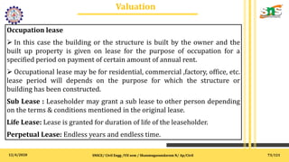 12/4/2020
Valuation
.
SNSCE/ Civil Engg /VII sem / Shanmugasundaram N/ Ap/Civil
Occupation lease
 In this case the building or the structure is built by the owner and the
built up property is given on lease for the purpose of occupation for a
specified period on payment of certain amount of annual rent.
 Occupational lease may be for residential, commercial ,factory, office, etc.
lease period will depends on the purpose for which the structure or
building has been constructed.
Sub Lease : Leaseholder may grant a sub lease to other person depending
on the terms & conditions mentioned in the original lease.
Life Lease: Lease is granted for duration of life of the leaseholder.
Perpetual Lease: Endless years and endless time.
73/121
 