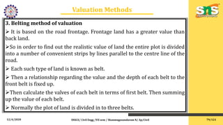 12/4/2020 SNSCE/ Civil Engg /VII sem / Shanmugasundaram N/ Ap/Civil
Valuation Methods
3. Belting method of valuation
 It is based on the road frontage. Frontage land has a greater value than
back land.
So in order to find out the realistic value of land the entire plot is divided
into a number of convenient strips by lines parallel to the centre line of the
road.
 Each such type of land is known as belt.
 Then a relationship regarding the value and the depth of each belt to the
front belt is fixed up.
Then calculate the valves of each belt in terms of first belt. Then summing
up the value of each belt.
 Normally the plot of land is divided in to three belts.
79/121
 