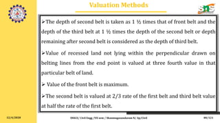 12/4/2020
Valuation Methods
The depth of second belt is taken as 1 ½ times that of front belt and the
depth of the third belt at 1 ½ times the depth of the second belt or depth
remaining after second belt is considered as the depth of third belt.
Value of recessed land not lying within the perpendicular drawn on
belting lines from the end point is valued at three fourth value in that
particular belt of land.
 Value of the front belt is maximum.
The second belt is valued at 2/3 rate of the first belt and third belt value
at half the rate of the first belt.
SNSCE/ Civil Engg /VII sem / Shanmugasundaram N/ Ap/Civil 80/121
 