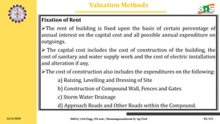 12/4/2020
Valuation Methods
Fixation of Rent
The rent of building is fixed upon the basis of certain percentage of
annual interest on the capital cost and all possible annual expenditure on
outgoings.
 The capital cost includes the cost of construction of the building, the
cost of sanitary and water supply work and the cost of electric installation
and alteration if any.
The cost of construction also includes the expenditures on the following:
a) Raising, Levelling and Dressing of Site
b) Construction of Compound Wall, Fences and Gates
c) Storm Water Drainage
d) Approach Roads and Other Roads within the Compound.
SNSCE/ Civil Engg /VII sem / Shanmugasundaram N/ Ap/Civil 82/121
 