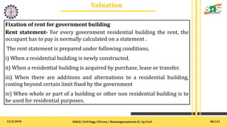 12/4/2020
Valuation
.
SNSCE/ Civil Engg /VII sem / Shanmugasundaram N/ Ap/Civil
Fixation of rent for government building
Rent statement- For every government residential building the rent, the
occupant has to pay is normally calculated on a statement .
The rent statement is prepared under following conditions,
i) When a residential building is newly constructed.
ii) When a residential building is acquired by purchase, lease or transfer.
iii) When there are additions and alternations to a residential building,
costing beyond certain limit fixed by the government
iv) When whole or part of a building or other non residential building is to
be used for residential purposes.
88/121
 