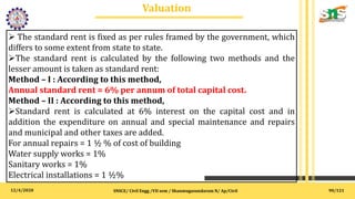 12/4/2020
Valuation
.
SNSCE/ Civil Engg /VII sem / Shanmugasundaram N/ Ap/Civil
 The standard rent is fixed as per rules framed by the government, which
differs to some extent from state to state.
The standard rent is calculated by the following two methods and the
lesser amount is taken as standard rent:
Method – I : According to this method,
Annual standard rent = 6% per annum of total capital cost.
Method – II : According to this method,
Standard rent is calculated at 6% interest on the capital cost and in
addition the expenditure on annual and special maintenance and repairs
and municipal and other taxes are added.
For annual repairs = 1 ½ % of cost of building
Water supply works = 1%
Sanitary works = 1%
Electrical installations = 1 ½%
90/121
 
