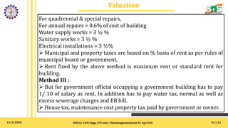 12/4/2020
Valuation
SNSCE/ Civil Engg /VII sem / Shanmugasundaram N/ Ap/Civil 91/121
For quadrennial & special repairs,
For annual repairs = 0.6% of cost of building
Water supply works = 3 ½ %
Sanitary works = 3 ½ %
Electrical installations = 3 ½%
 Municipal and property taxes are based on % basis of rent as per rules of
municipal board or government.
 Rent fixed by the above method is maximum rent or standard rent for
building.
Method III :
 But for government official occupying a government building has to pay
1/ 10 of salary as rent. In addition has to pay water tax, normal as well as
excess sewerage charges and EB bill.
 House tax, maintenance cost property tax paid by government or owner.
 