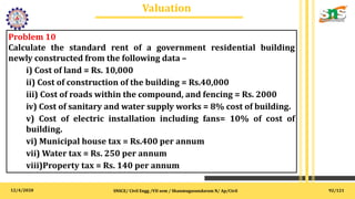 12/4/2020
Valuation
.
SNSCE/ Civil Engg /VII sem / Shanmugasundaram N/ Ap/Civil
Problem 10
Calculate the standard rent of a government residential building
newly constructed from the following data –
i) Cost of land = Rs. 10,000
ii) Cost of construction of the building = Rs.40,000
iii) Cost of roads within the compound, and fencing = Rs. 2000
iv) Cost of sanitary and water supply works = 8% cost of building.
v) Cost of electric installation including fans= 10% of cost of
building.
vi) Municipal house tax = Rs.400 per annum
vii) Water tax = Rs. 250 per annum
viii)Property tax = Rs. 140 per annum
92/121
 