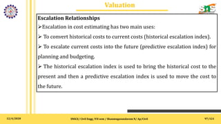 12/4/2020
Valuation
SNSCE/ Civil Engg /VII sem / Shanmugasundaram N/ Ap/Civil 97/121
Escalation Relationships
Escalation in cost estimating has two main uses:
 To convert historical costs to current costs (historical escalation index).
 To escalate current costs into the future (predictive escalation index) for
planning and budgeting.
 The historical escalation index is used to bring the historical cost to the
present and then a predictive escalation index is used to move the cost to
the future.
 